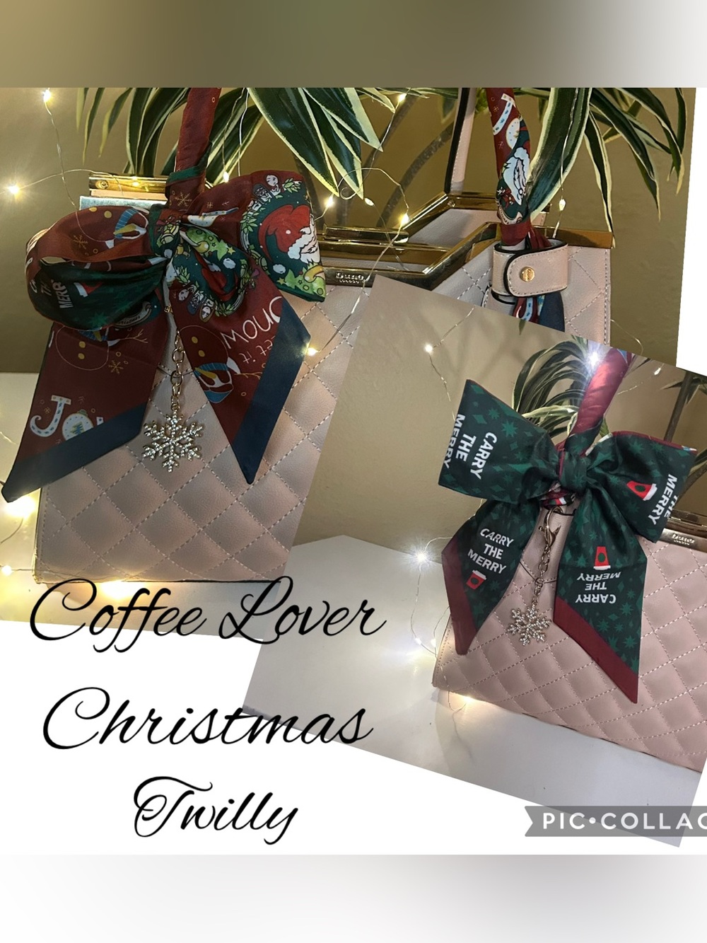 Coffee Lover Christmas Twilly Women Purse Scarf Joy Santa Red green Burgundy